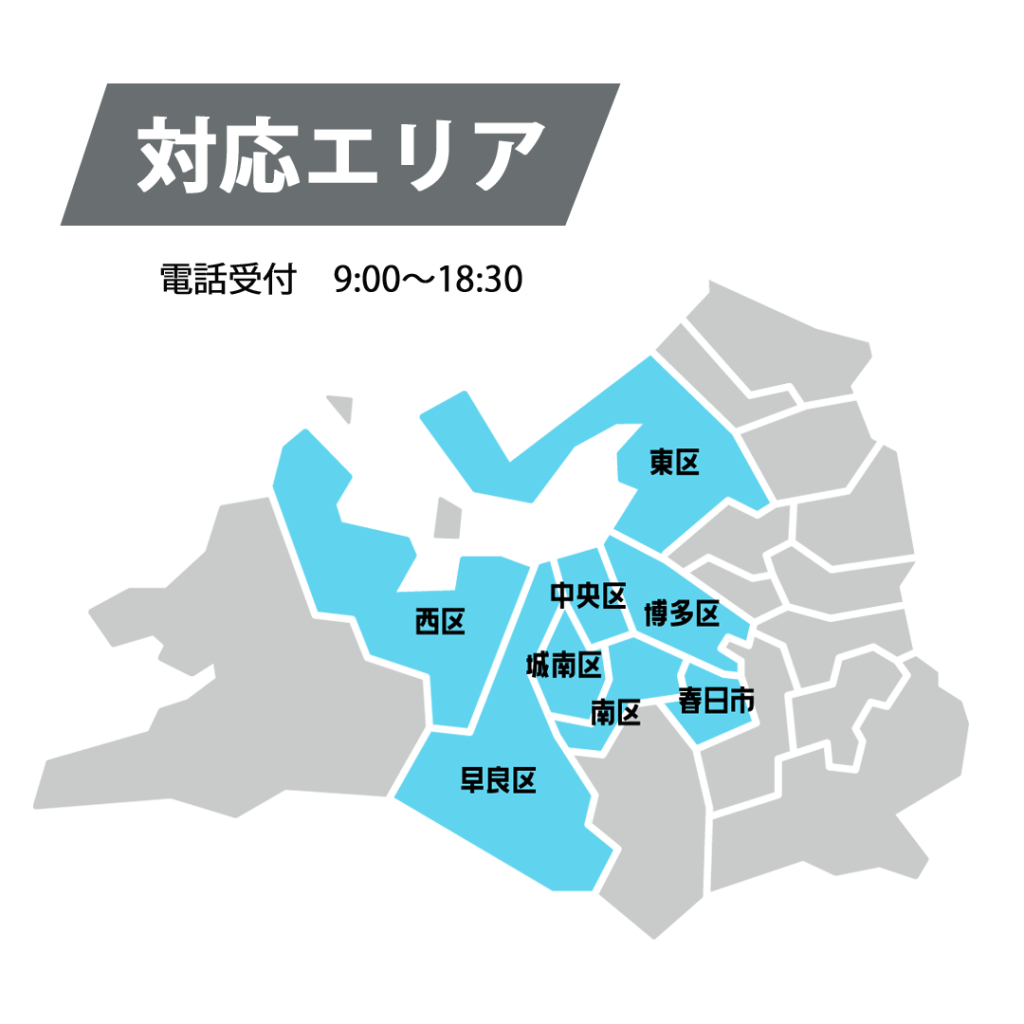 福岡市の作業可能対応エリア地図。東区、中央区、博多区、西区、城南区、南区、早良区、春日市を表示